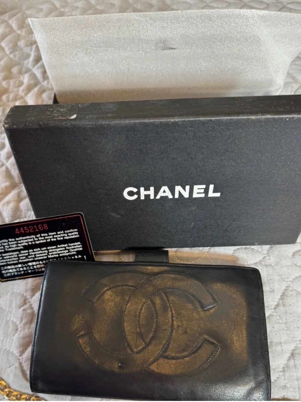 Chanel Auth Classic Black Lambskin Kiss-lock Long Wallet W/ COA Card And Box